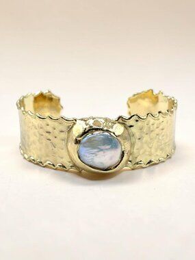 Gold-Tone Scalloped Edge Faux Pearl Cuff Bracelet